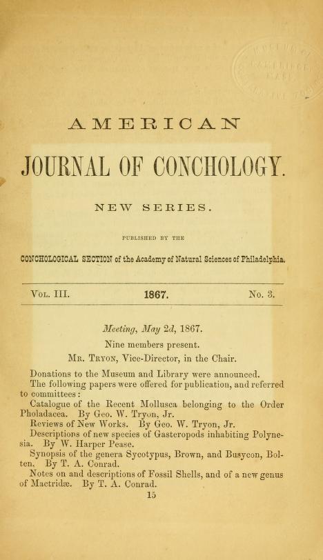 Media type: text, Pease 1867. Description: American Journal of Conchology, vol. 3, no. 3